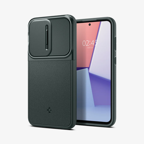 ACS05639 - Galaxy S23 Ultra Case Optik Armor in black showing the back with lens protector slot open